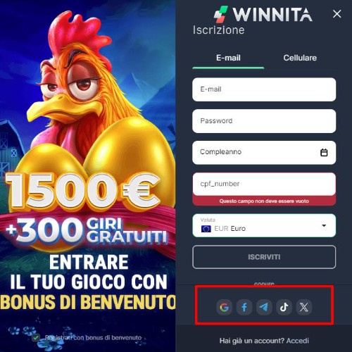 Registrazione tramite social network sul sito winnita